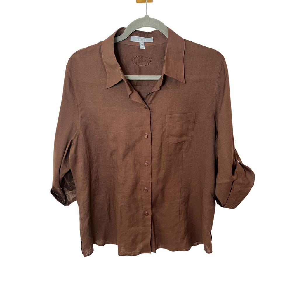 Foxcroft Fitted 100% Linen Shirt Brown Roll Tab Sleeve Button Up Pocket Size 16